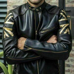 Men Biker Vintage Motorcycle Cafe Racer Black Real Leather Jacket with UK FlagF