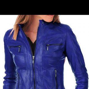 WOMENS LADIES SLIM FIT REAL GENUINE BIKER STYLE CAFE RACER BLUE LEATHER JACKET